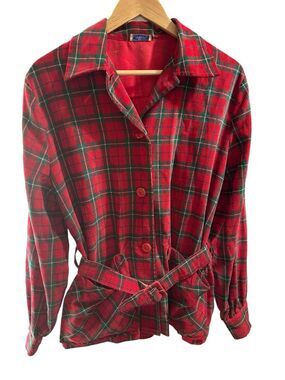 VTG 1950's Kerrybrooke Thin Red Green Flannel Coat Jacket with Belt USA Made